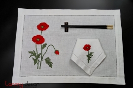 Bộ 01 khăn ăn & lót đĩa linen thêu hoa đỏ